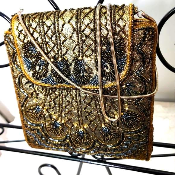 None Handbags - Vintage French couture beaded clutch gold and blue 16x18 cm